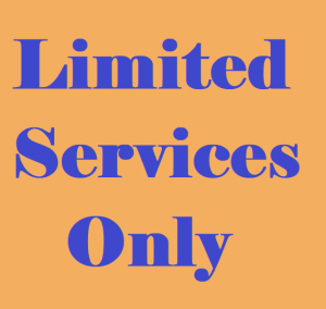 Limited Services Only, blue text on orange background