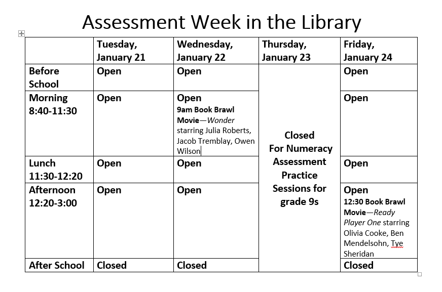 Library Schedule for Assessment Week Jan 2124 Burnaby North Library